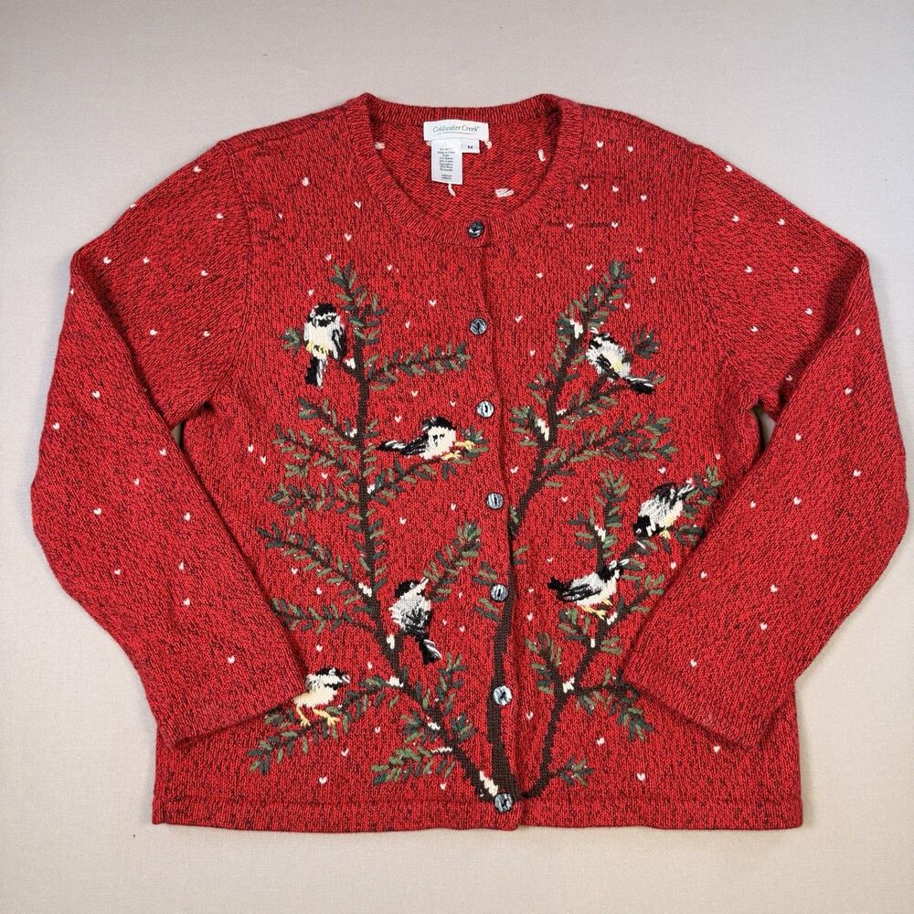 VTG Coldwater Creek Womens Red Cardigan Sweater Birds Embroidered Knit Size Med